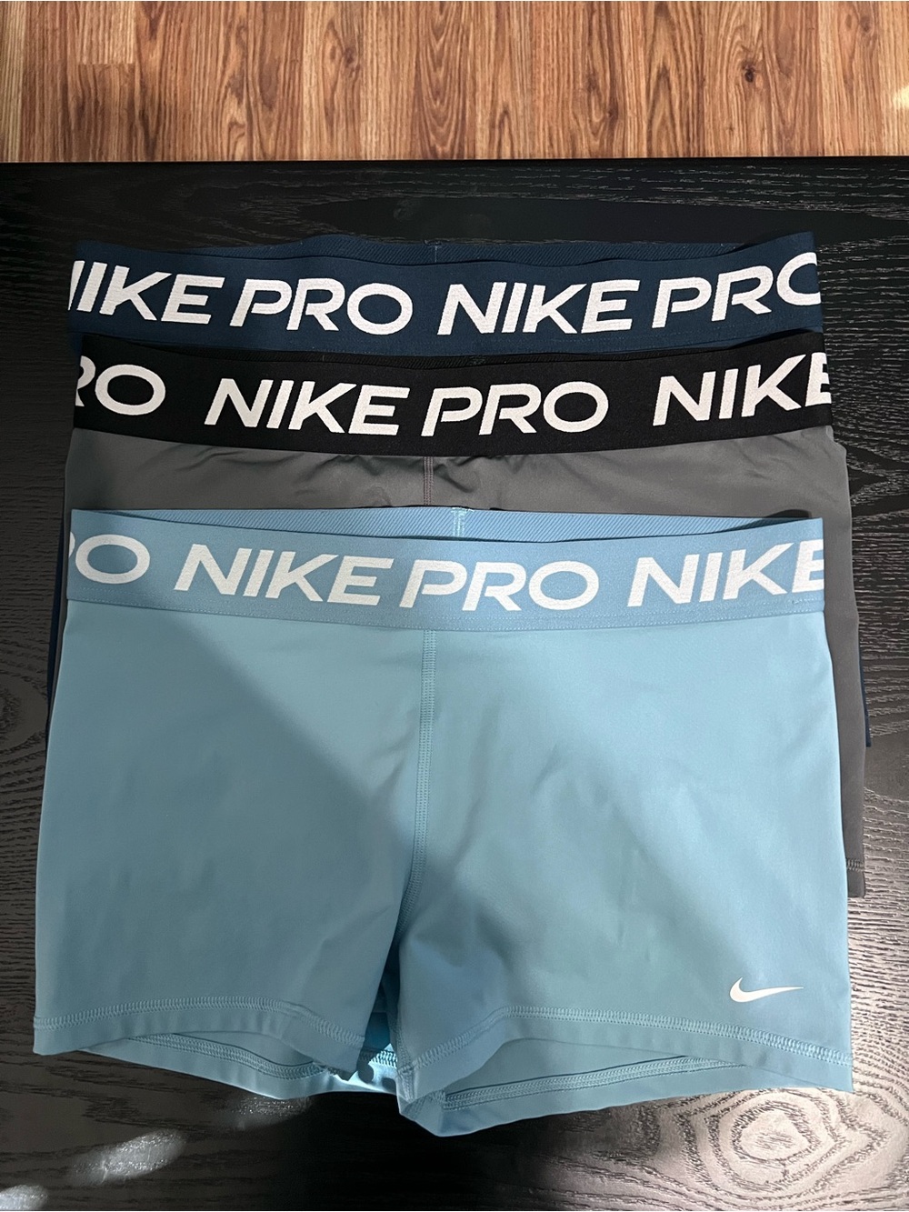 Nike Pro Women's Bike Shorts Trio in Light Blue, Gray and Navy